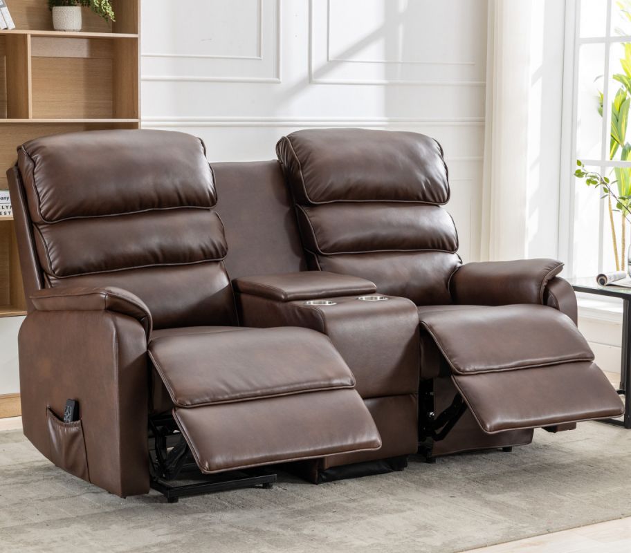 Dual-seat rise and recline sofa in rich brown leather with cup holders and extended footrests, offering comfort and functionality for two.