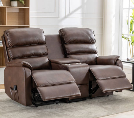 Dual-seat rise and recline sofa in rich brown leather with cup holders and extended footrests, offering comfort and functionality for two.