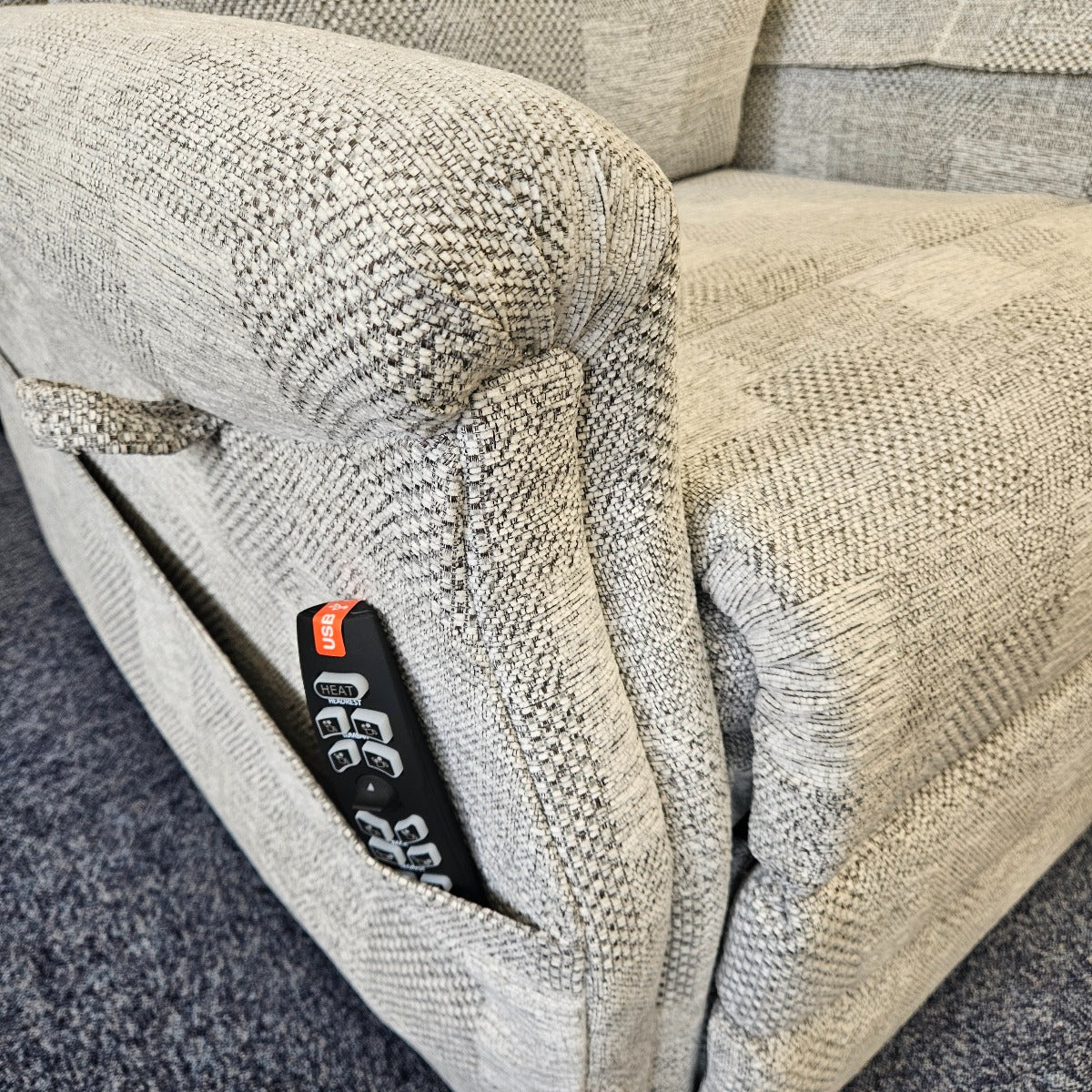 Monmouth Plus 4 motor chair with Memory, Heat and High leg lift Petite Size Patchwork Mist Fabric - Ex Demo
