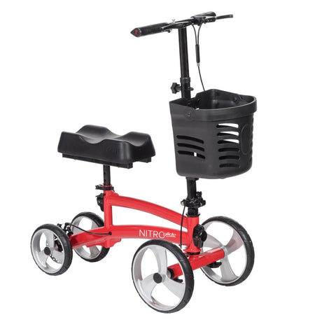 Red knee scooter with black basket on a white background