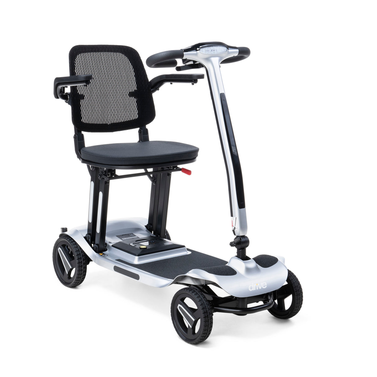 Mobility scooter with a seat and handlebars on a white background