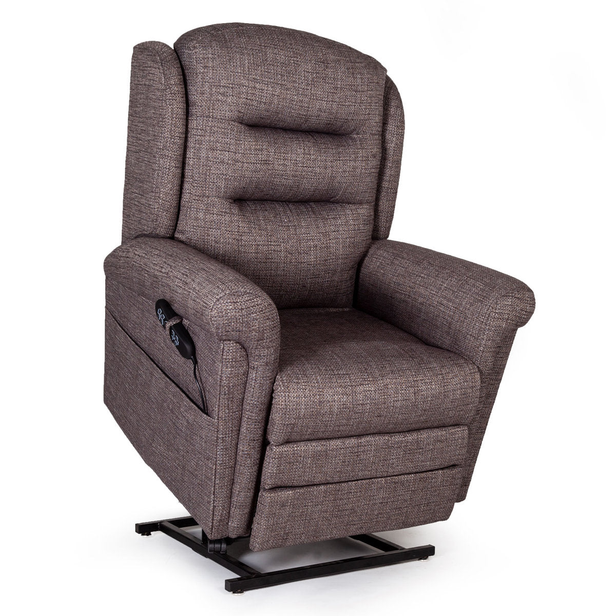 Brown recliner chair with lifting mechanism on a white background