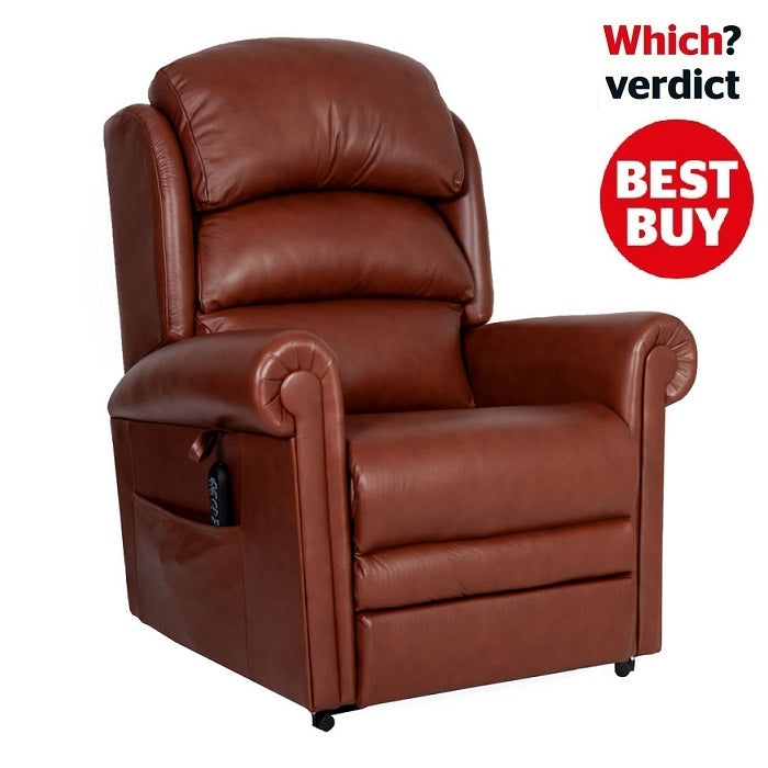 Brown leather recliner chair with 'Which? verdict BEST BUY' label on a white background