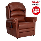 Brown leather recliner chair with 'Which? verdict BEST BUY' label on a white background