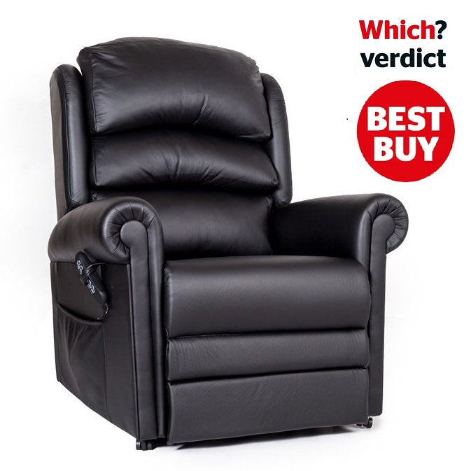 Black leather recliner chair with 'Which? Best Buy' label on a white background