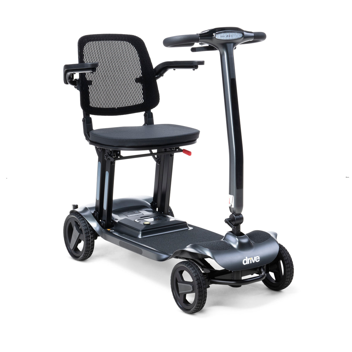 Black mobility scooter with a seat on a white background