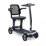 Black mobility scooter with a seat on a white background