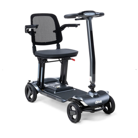 Black mobility scooter with a seat on a white background