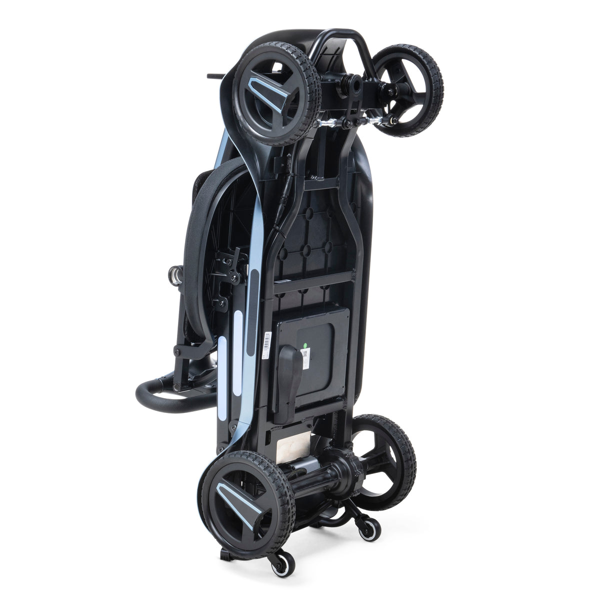 Black folding mobility scooter with wheels on a white background