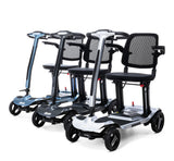 Row of mobility scooters with seats on a white background