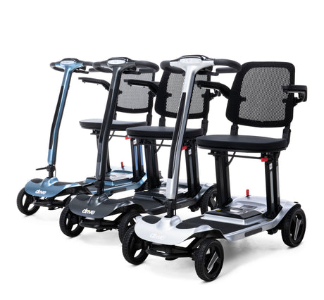 Row of mobility scooters with seats on a white background