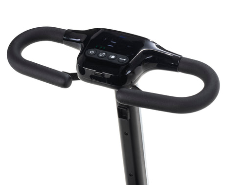 Black scooter handlebar with control panel on a white background
