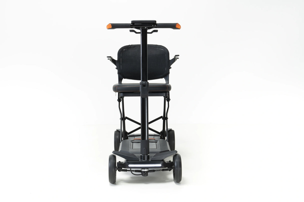 Black mobility scooter with seat on a white background