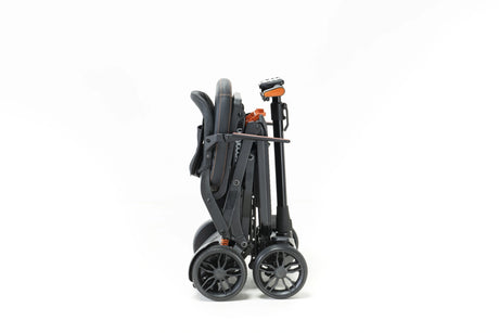 Black scooter with folded wheels on a white background