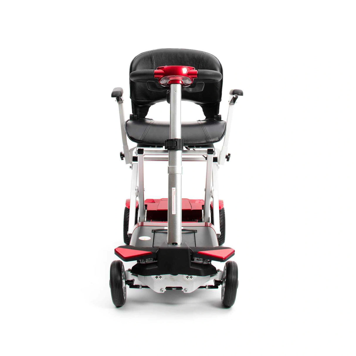 front view of a mobility scooter with a seat on a white background