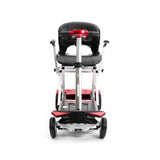 front view of a mobility scooter with a seat on a white background