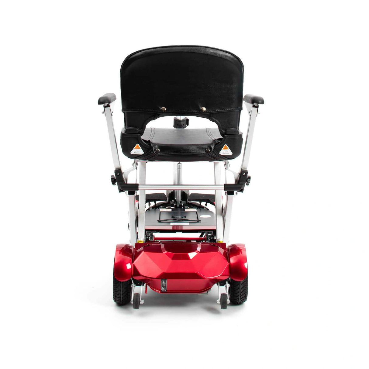 Red mobility scooter with black seat on a white background