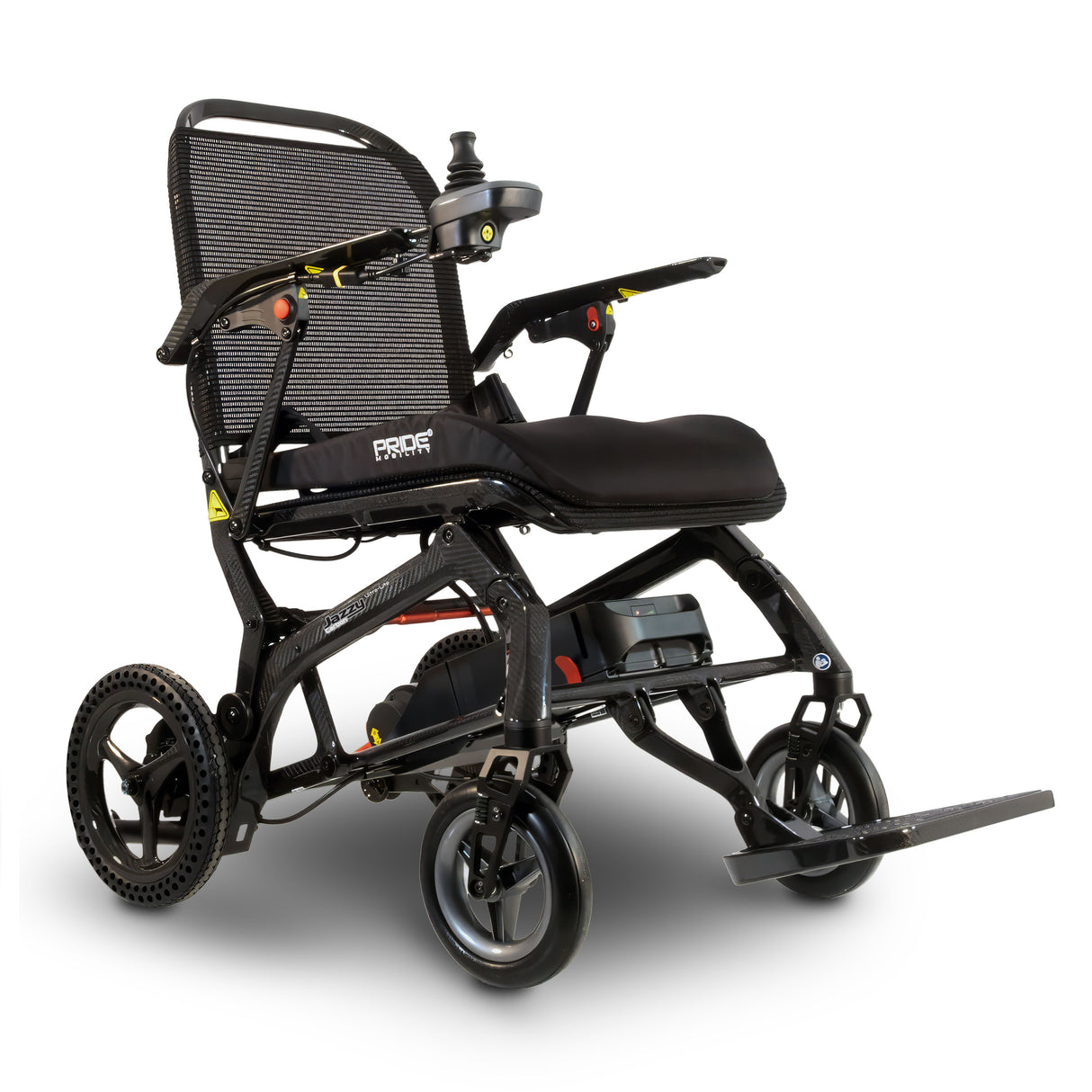 Black electric wheelchair with 'Pride' branding on a white background