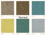 Colour swatches of 'Ferrara' fabric collection with names and codes.