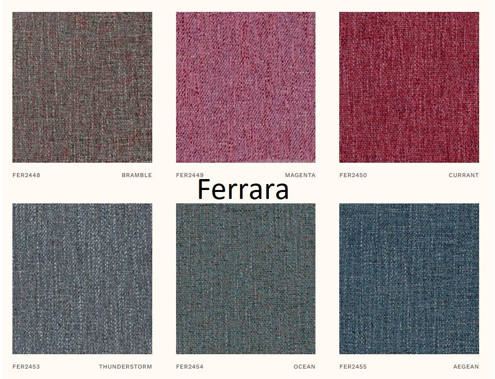 Colour swatches of 'Ferrara' fabric collection with names and codes.