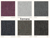 Colour swatches of 'Ferrara' fabric collection with names and codes.