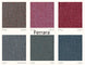 Colour swatches of 'Ferrara' fabric collection with names and codes.