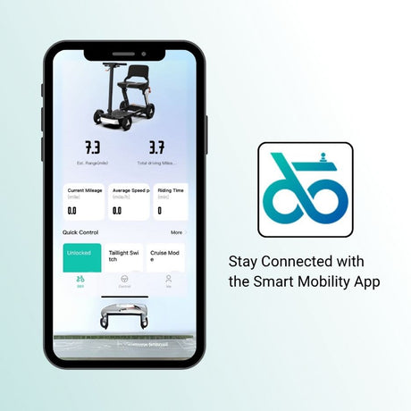 Smart mobility app displayed on a smartphone with a scooter icon and text 'Stay Connected with the Smart Mobility App'.