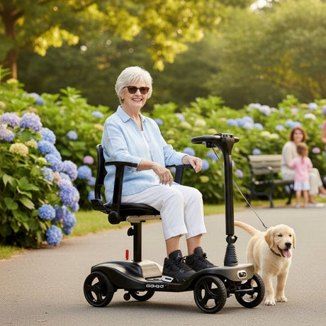 Woman using a mobility scooter with a dog in a park