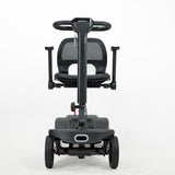 Black mobility scooter with a seat on a white background