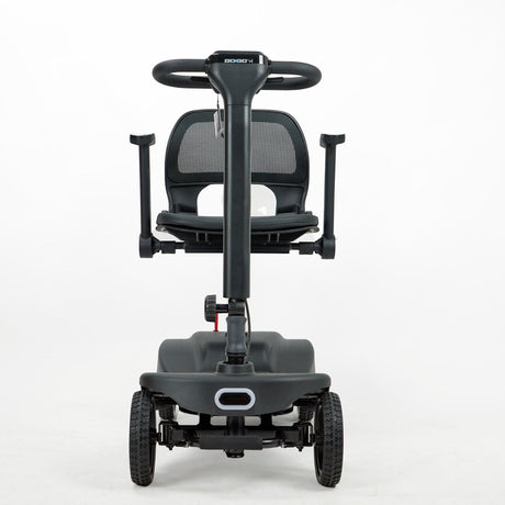 Black mobility scooter with a seat on a white background