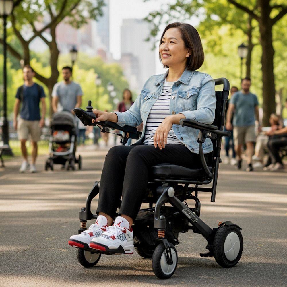 Woman using a mobility scooter in an urban park
