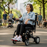 Woman using a mobility scooter in an urban park