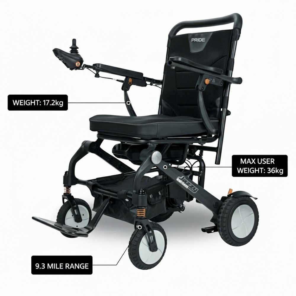 Black electric wheelchair with weight, user capacity, and range information on a white background