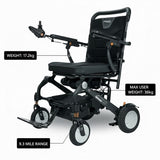 Black electric wheelchair with weight, user capacity, and range information on a white background