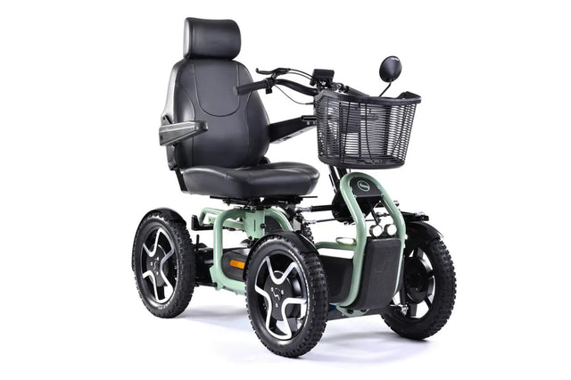 Electric scooter with a basket on a white background