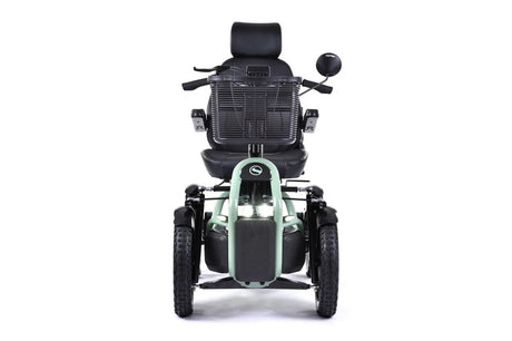 Electric scooter with a black seat and green frame on a white background