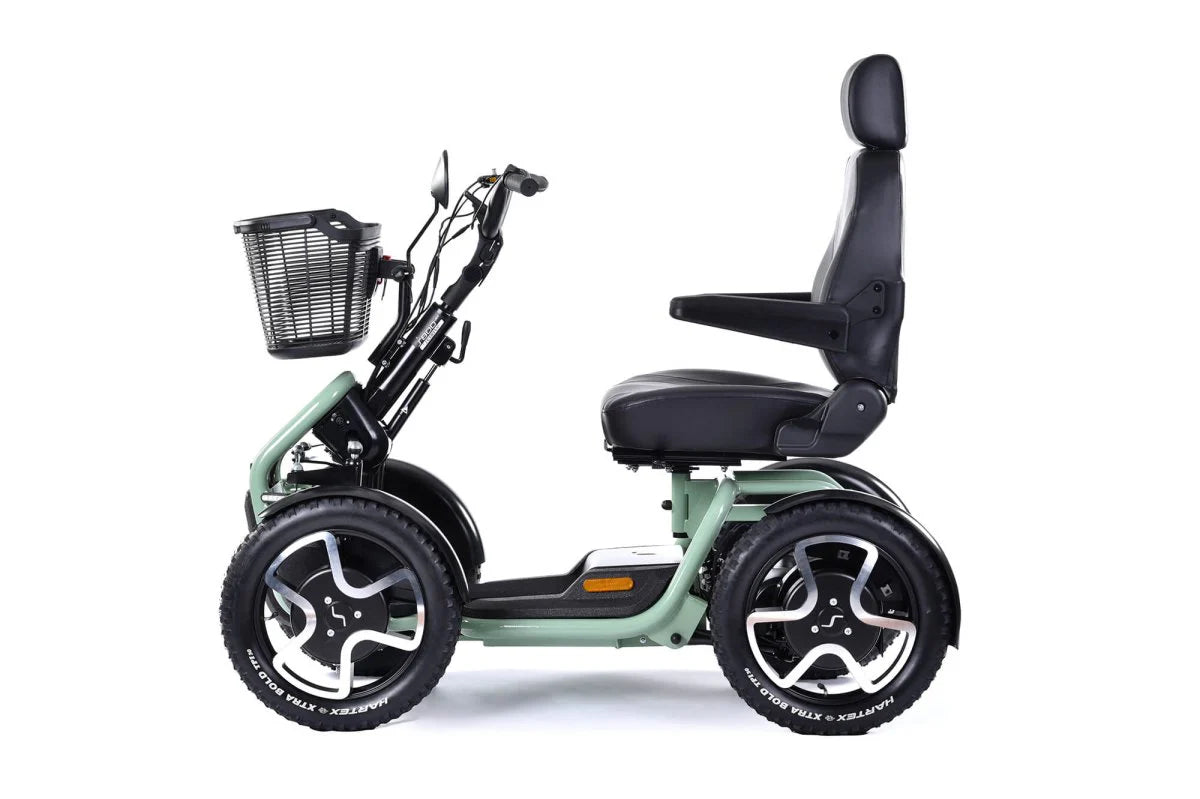 mobility scooter with a basket on a white background
