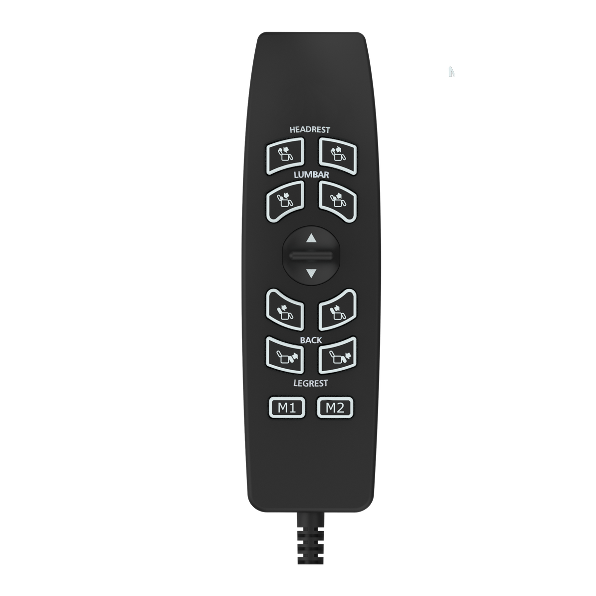 Black remote control with labeled buttons on a white background