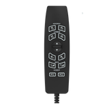 Black remote control with labeled buttons on a white background