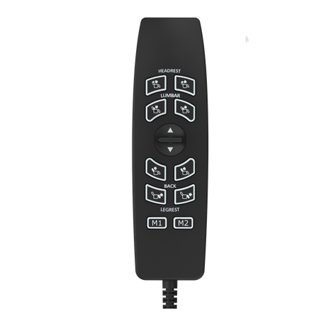 Black remote control with labeled buttons on a white background