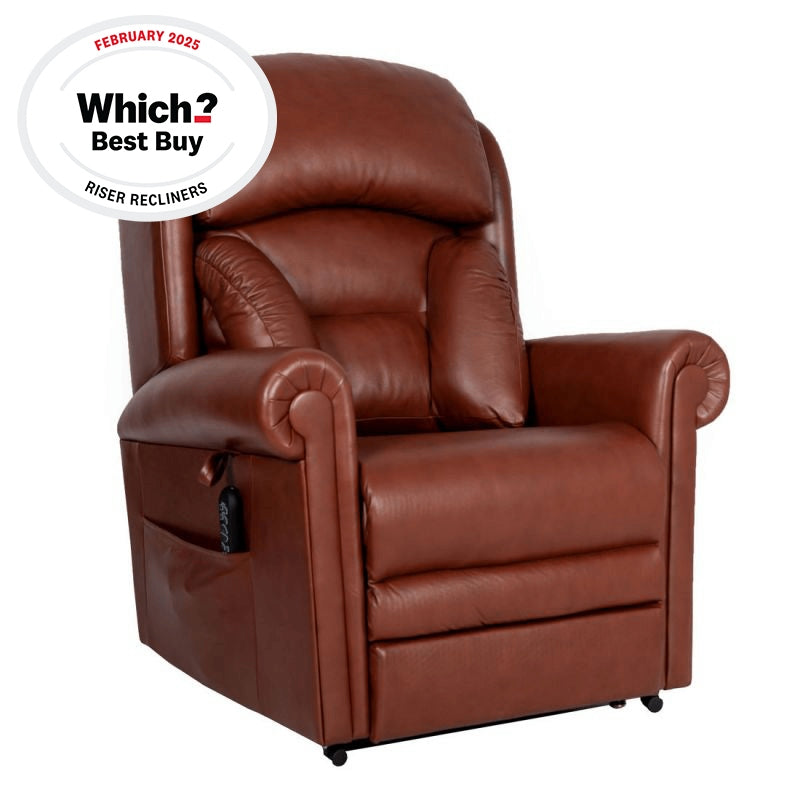 Brown leather riser recliner chair with 'Which?' Best Buy badge on a white background