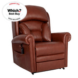 Brown leather riser recliner chair with 'Which?' Best Buy badge on a white background
