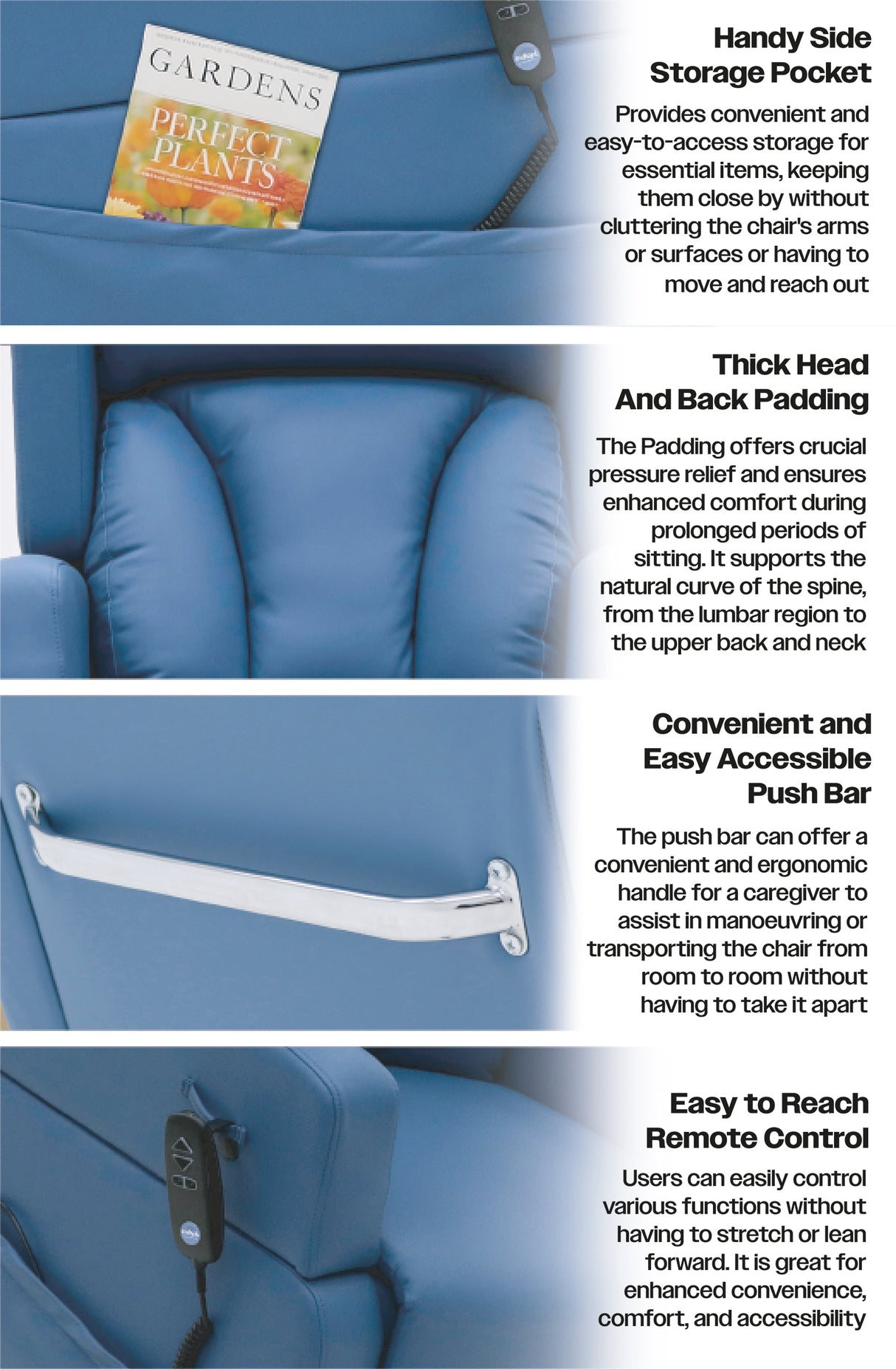 Barrowfield riser recliner chair, wipe clean, removeable arms, easy to move