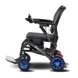Black and red power wheelchair with blue wheels on a transparent background