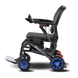 Black and red power wheelchair with blue wheels on a transparent background