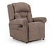 Brown upholstered recliner chair with control panel on a white background