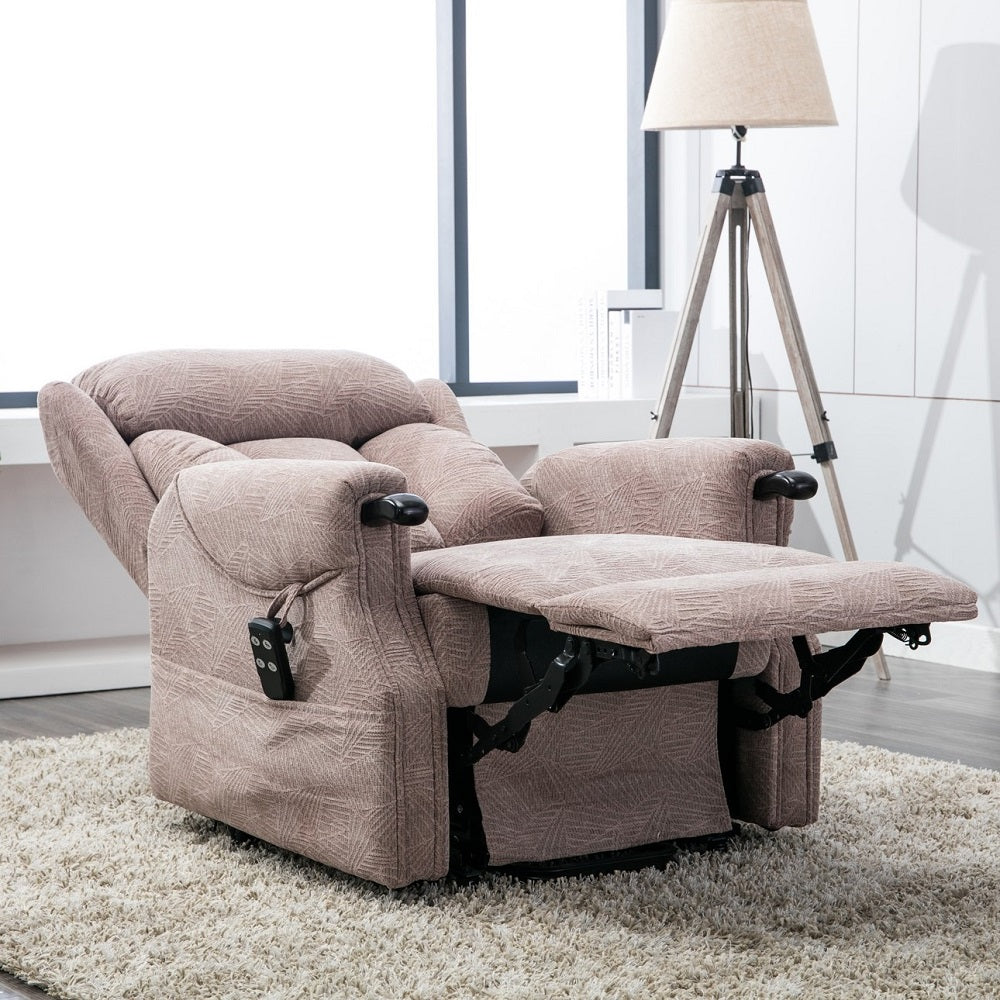 Denmark dual riser recliner chair with wooden knuckles - fully reclined