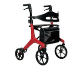 Red rollator with black seat and wheels on a white background