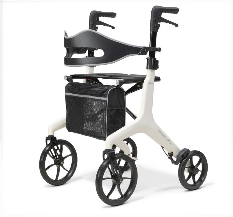 White rollator with black seat and bag on a white background