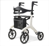 White rollator with black seat and bag on a white background